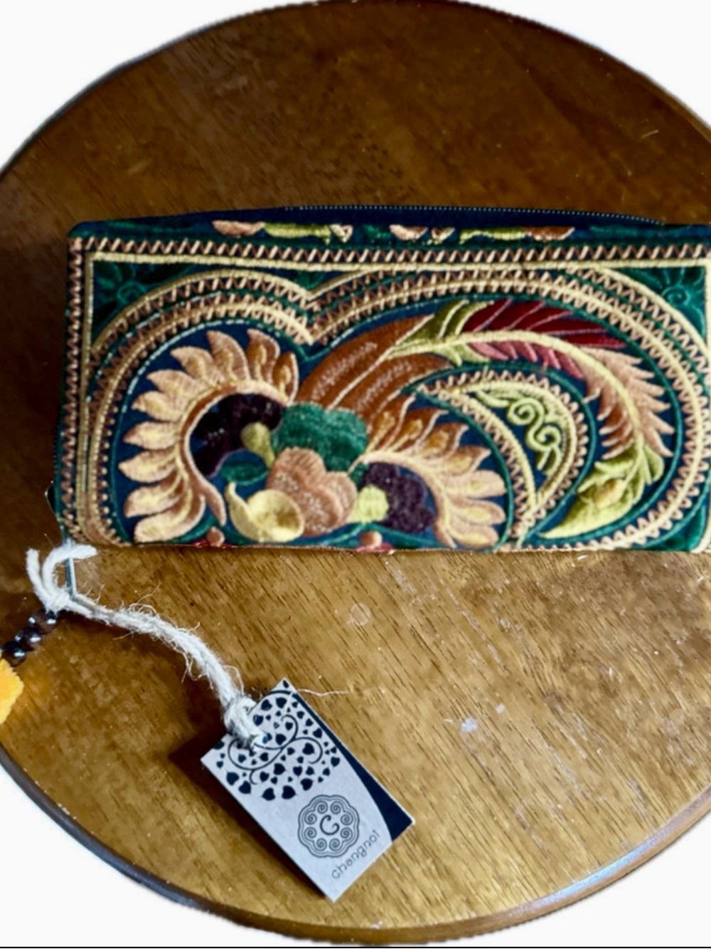 Hmong Embroidered Boho Wallet, Tribal Zip Purse with Pom Pom